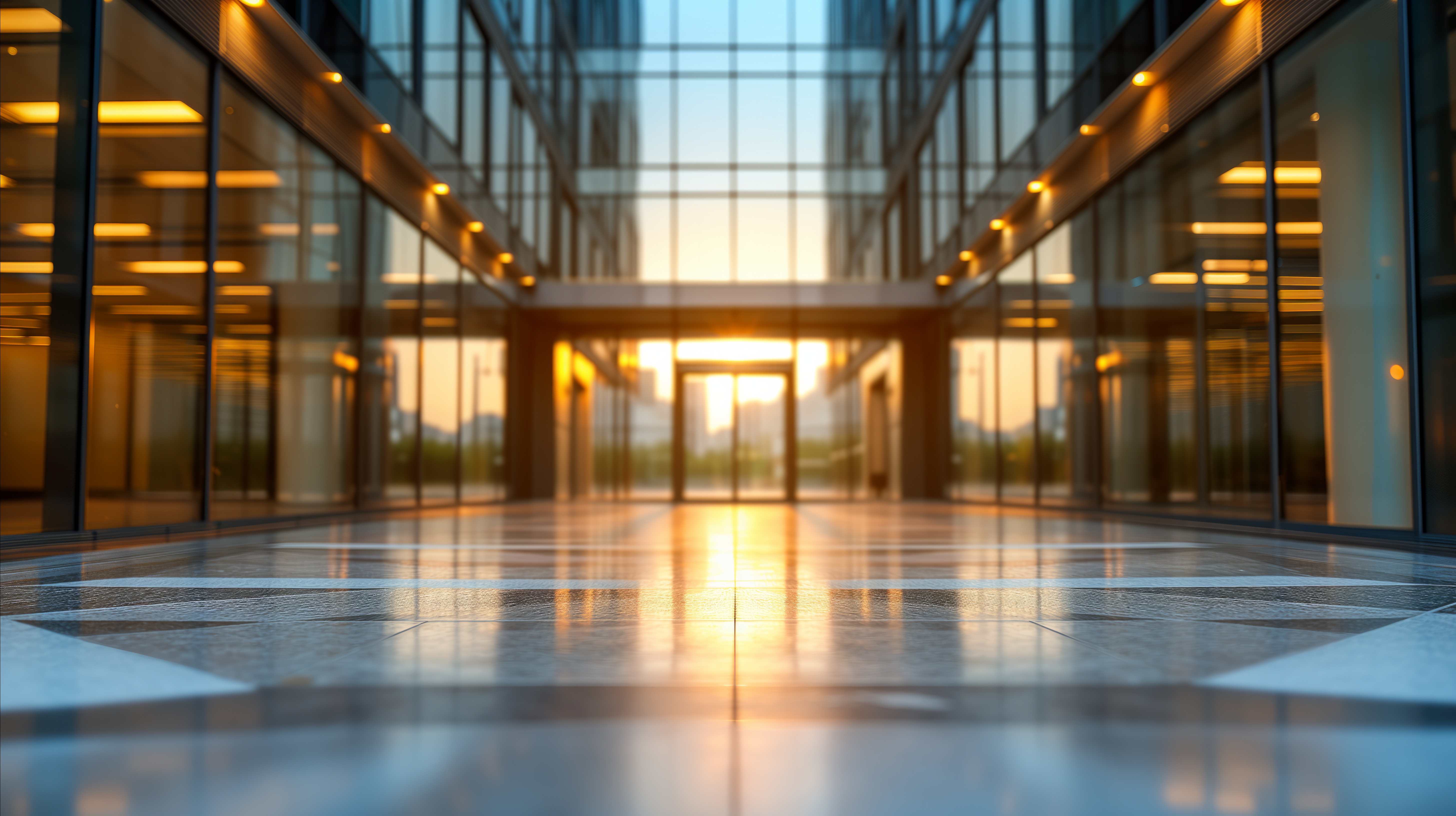Low angle view of a contemporary office building lobby, showcasing reflections on the polished floor, with warm artificial lighting and sunset visible through the glass facade.